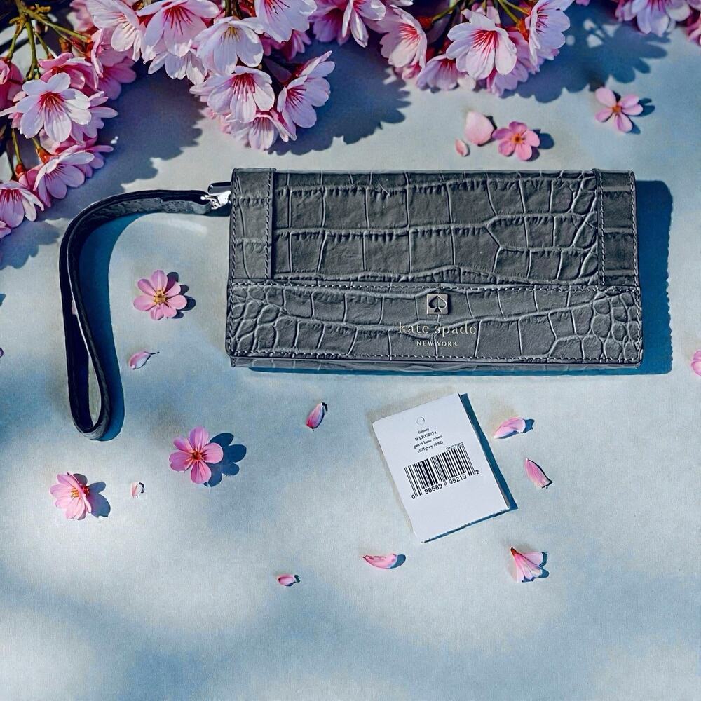 Kate Spade Croc Embossed Cliff Grey Perri Lane Linney Wristlet Clutch Wallet